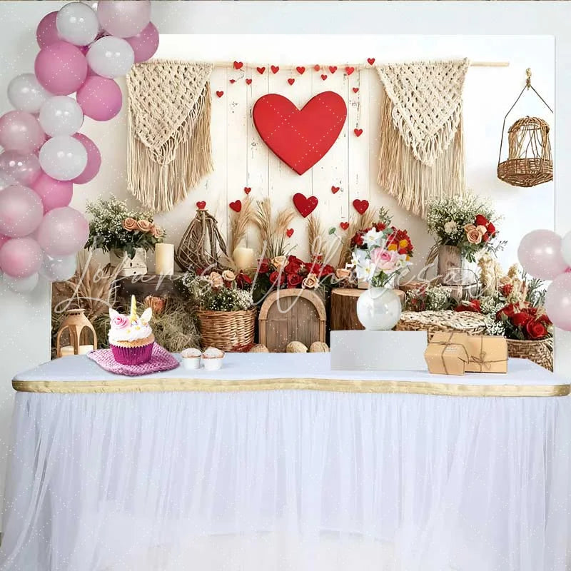 Lofaris Valentine’s Day Backdrop Boho Macrame Red Heart Rustic Wood Wall Decoration