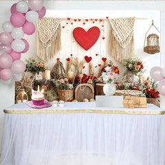 Lofaris Valentine’s Day Backdrop Boho Macrame Red Heart Rustic Wood Wall Decoration