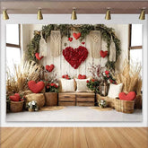 Lofaris Valentine’s Day Backdrop Boho Rustic Barn Hay Bales Floral Heart Macrame Prop