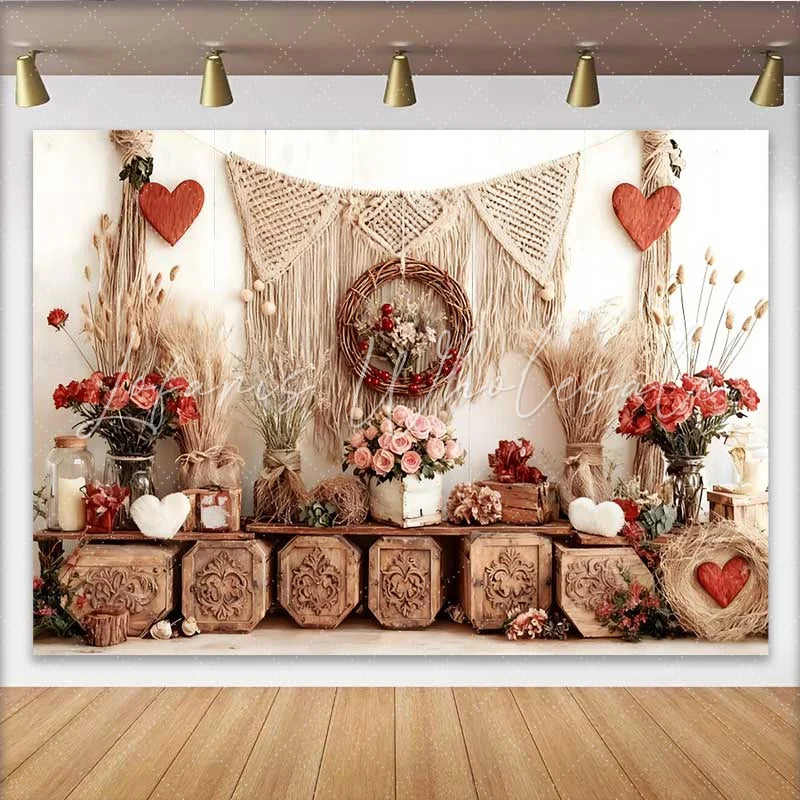 Lofaris Valentine’s Day Backdrop Boho Rustic Wooden Crates Macrame Pink Rose Garland
