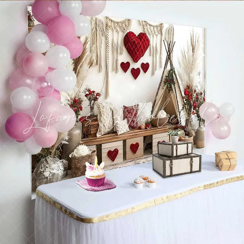 Lofaris Valentine’s Day Backdrop Boho Teepee Tent Red Heart Pampas Grass Decoration