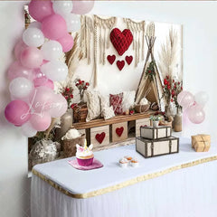 Lofaris Valentine’s Day Backdrop Boho Teepee Tent Red Heart Pampas Grass Decoration