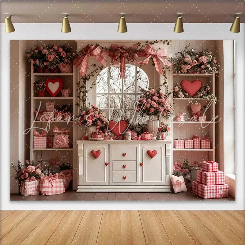 Lofaris Valentine’s Day Backdrop Pink Bows Red Hearts White Cabinet Floral Window