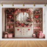 Lofaris Valentine’s Day Backdrop Pink Bows Red Hearts White Cabinet Floral Window