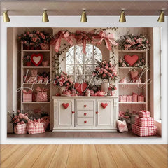 Lofaris Valentine’s Day Backdrop Pink Bows Red Hearts White Cabinet Floral Window
