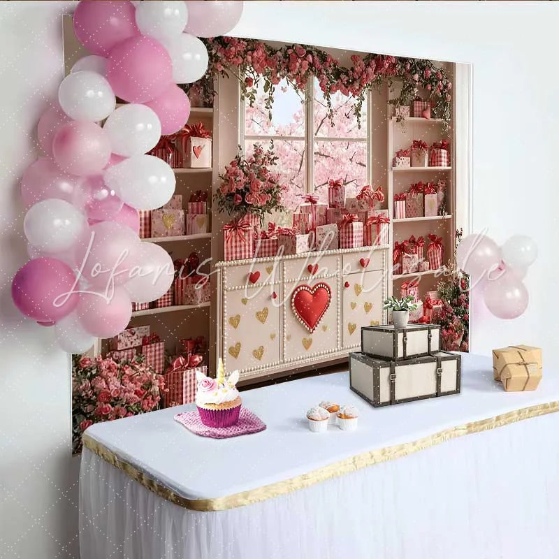 Lofaris Valentine’s Day Backdrop Pink Cherry Blossom Window Red Heart Cabinet Prop