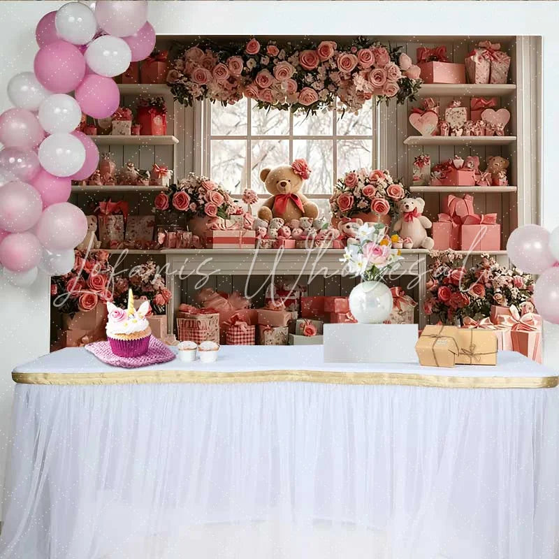 Lofaris Valentine’s Day Backdrop Pink Floral Teddy Bear Window Gift Shop Decoration