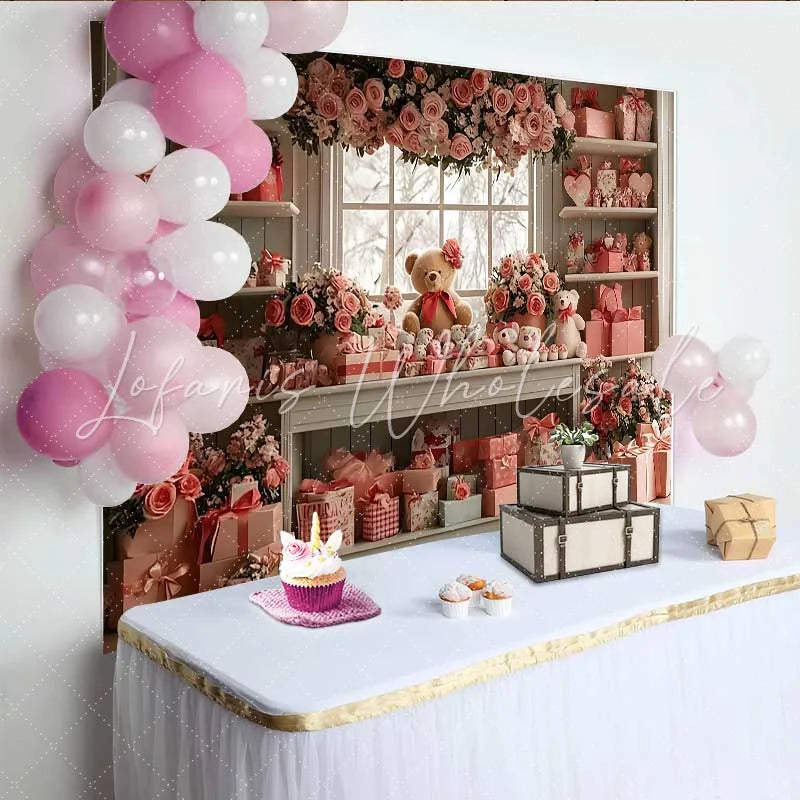 Lofaris Valentine’s Day Backdrop Pink Floral Teddy Bear Window Gift Shop Decoration