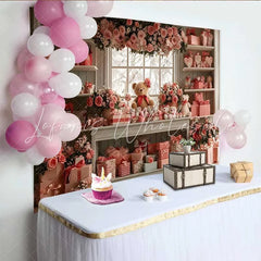 Lofaris Valentine’s Day Backdrop Pink Floral Teddy Bear Window Gift Shop Decoration