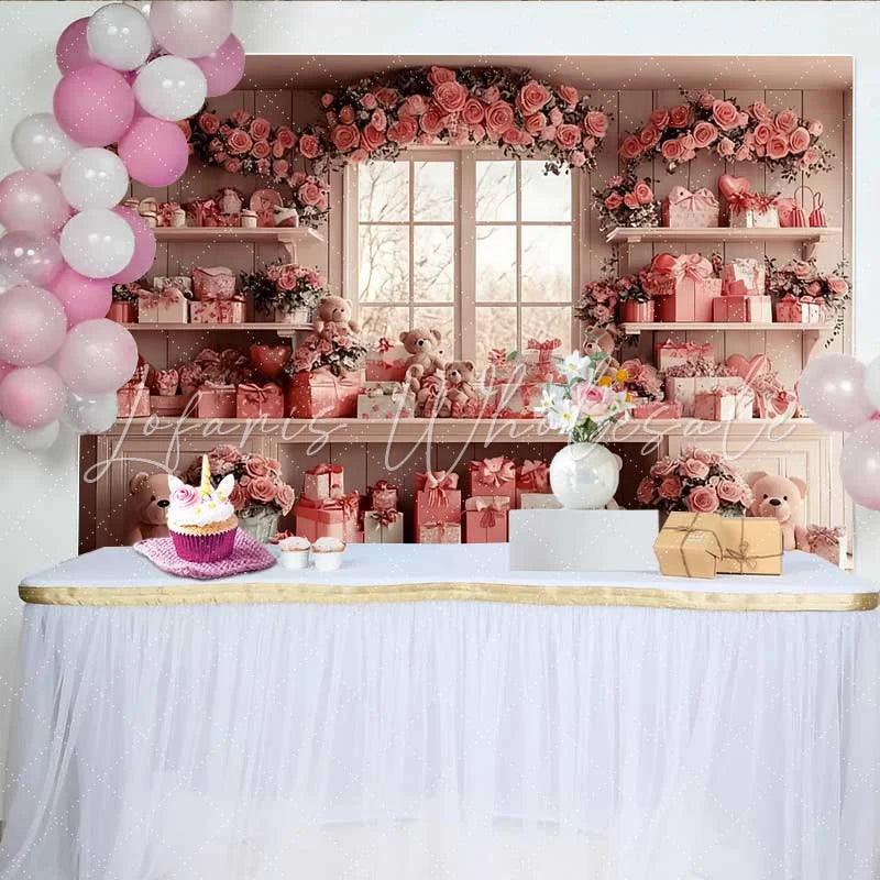 Lofaris Valentine’s Day Backdrop Pink Gift Boxes Teddy Bear Floral Window Room Set