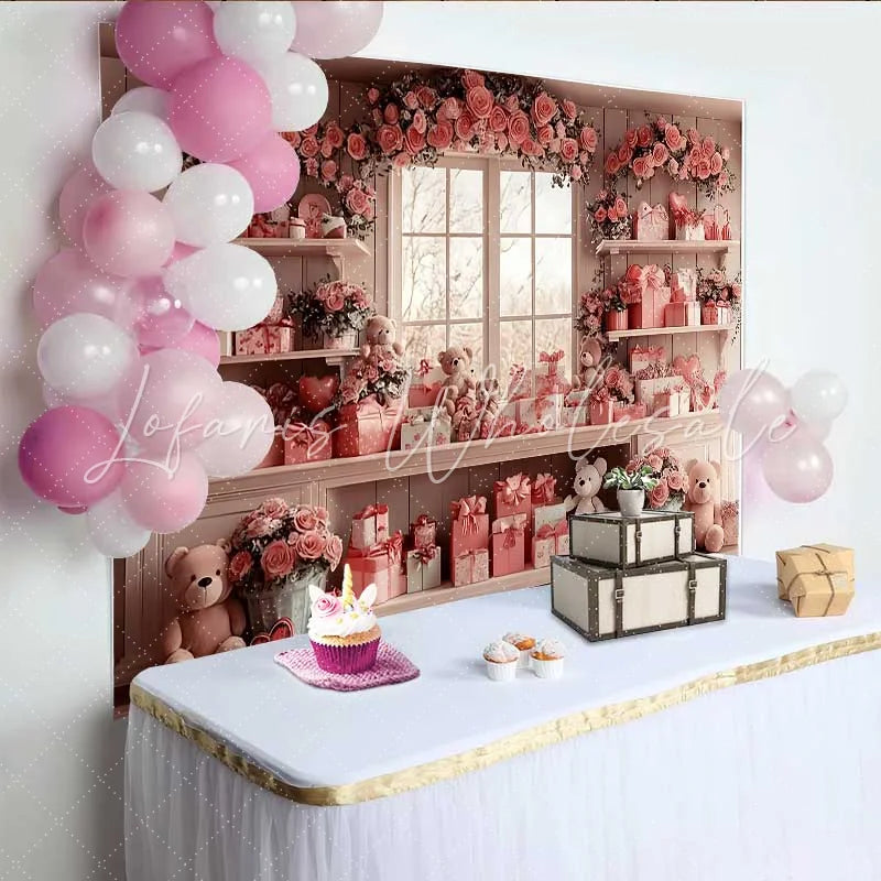 Lofaris Valentine’s Day Backdrop Pink Gift Boxes Teddy Bear Floral Window Room Set