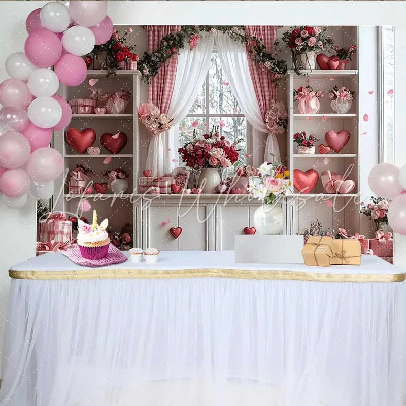 Lofaris Valentine’s Day Backdrop Pink Gingham Curtain Floating Hearts Floral Room