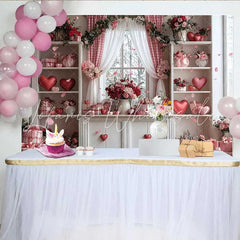 Lofaris Valentine’s Day Backdrop Pink Gingham Curtain Floating Hearts Floral Room
