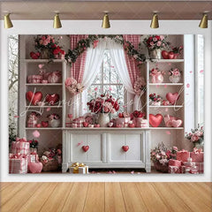 Lofaris Valentine’s Day Backdrop Pink Gingham Curtain Floating Hearts Floral Room