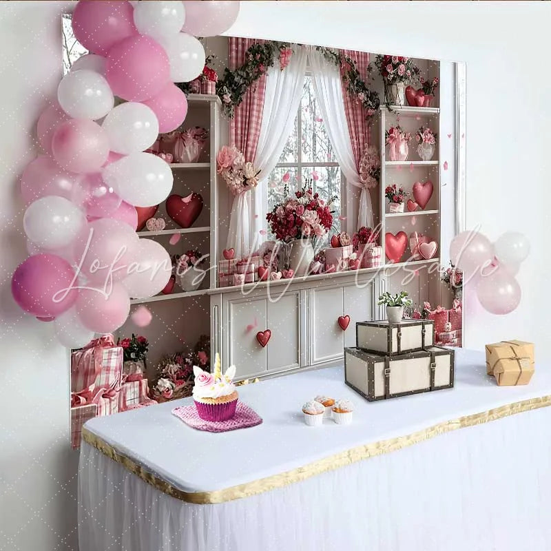 Lofaris Valentine’s Day Backdrop Pink Gingham Curtain Floating Hearts Floral Room