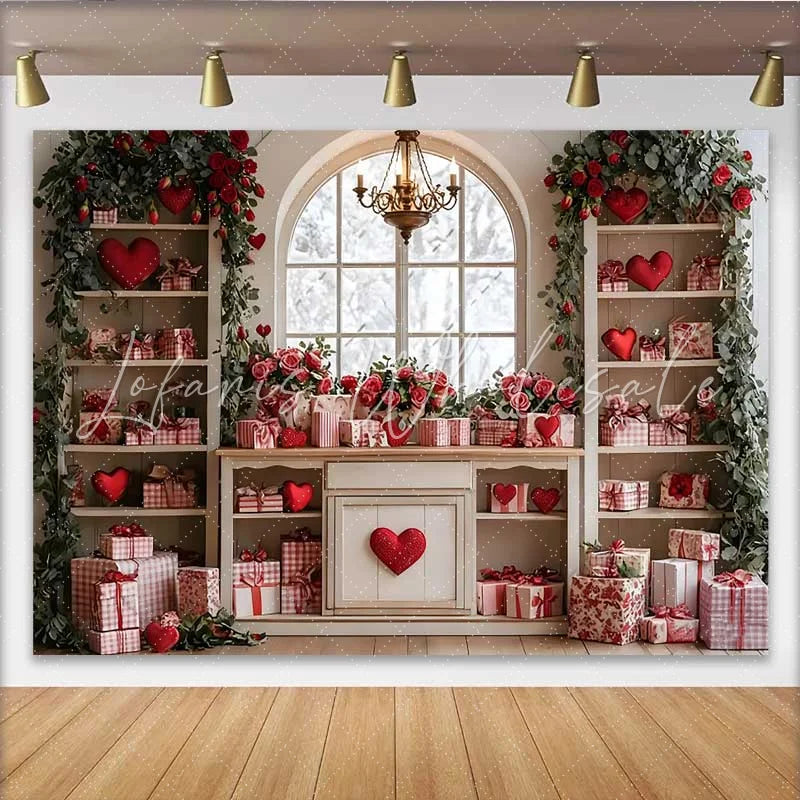 Lofaris Valentine’s Day Backdrop Red Hearts Roses Gingham Gifts White Cabinet Decor