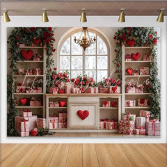 Lofaris Valentine’s Day Backdrop Red Hearts Roses Gingham Gifts White Cabinet Decor