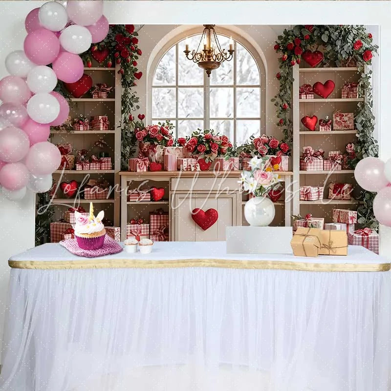 Lofaris Valentine’s Day Backdrop Red Hearts Roses Gingham Gifts White Cabinet Decor