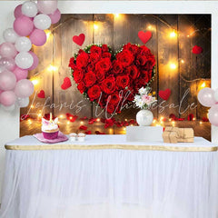 Lofaris Valentine’s Day Backdrop Red Rose Floral Heart String Lights Rustic Wood