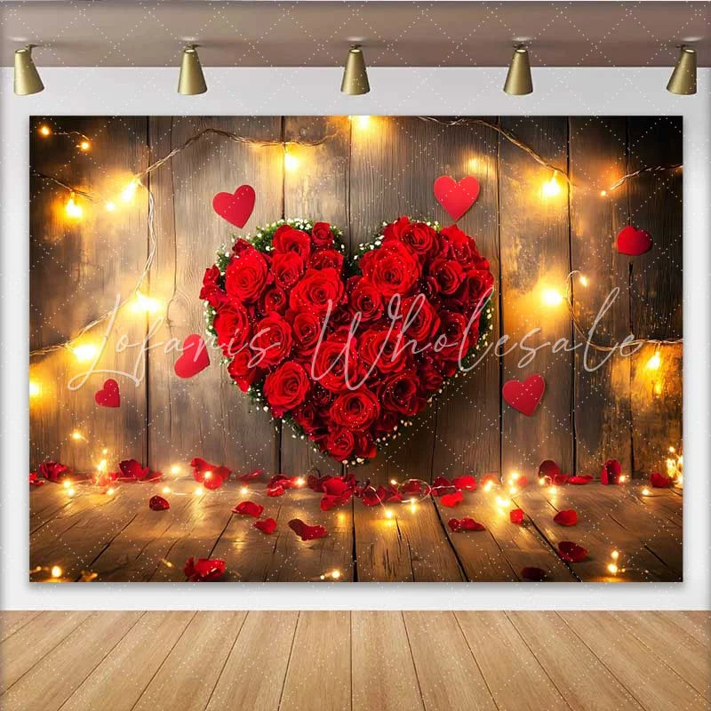 Lofaris Valentine’s Day Backdrop Red Rose Floral Heart String Lights Rustic Wood