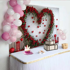 Lofaris Valentine’s Day Backdrop Red Rose Floral Heart White Brick Wall Red Lanterns