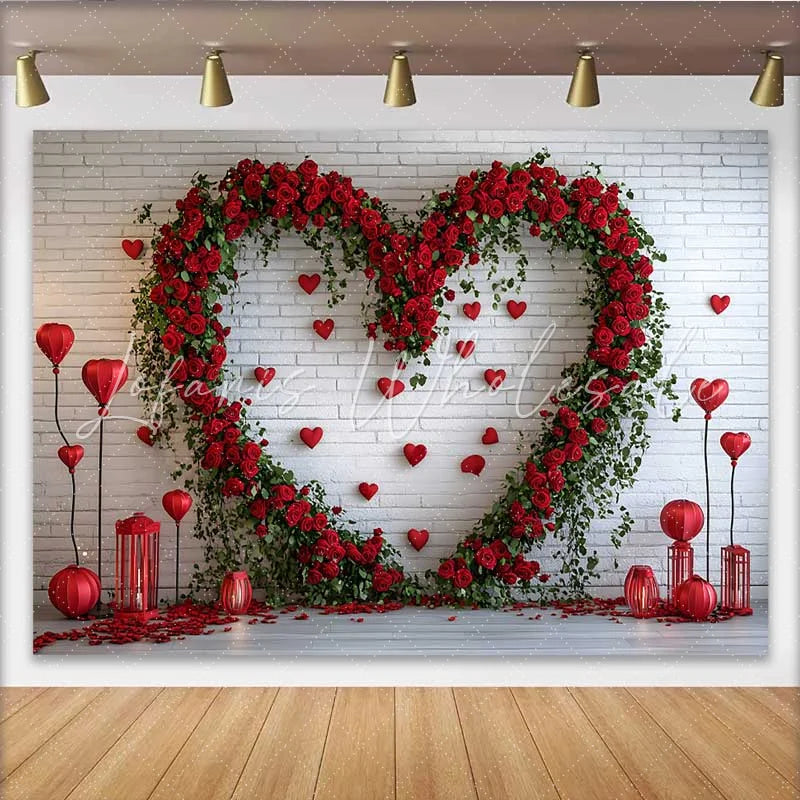 Lofaris Valentine’s Day Backdrop Red Rose Floral Heart White Brick Wall Red Lanterns