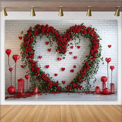 Lofaris Valentine’s Day Backdrop Red Rose Floral Heart White Brick Wall Red Lanterns
