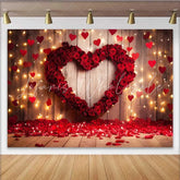 Lofaris Valentine’s Day Backdrop Red Rose Heart Hanging Hearts Rustic Wood Prop
