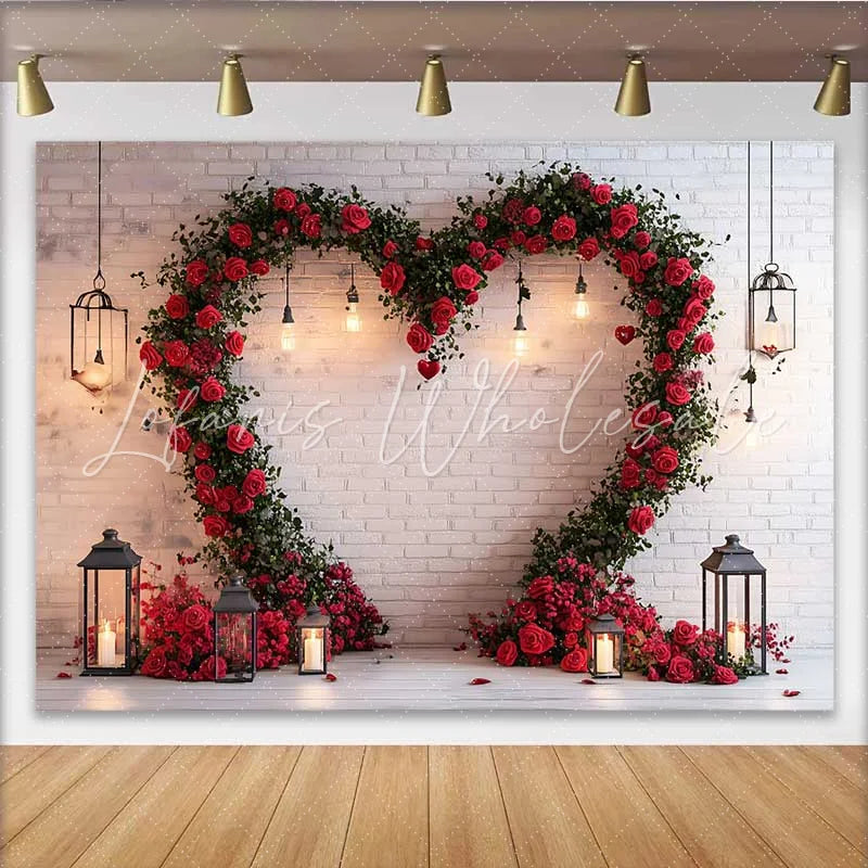 Lofaris Valentine’s Day Backdrop Rustic White Brick Wall Floral Heart Wreath Lanterns