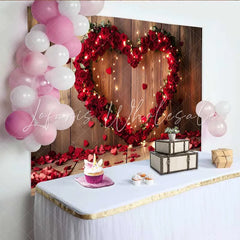 Lofaris Valentine’s Day Backdrop Rustic Wood Red Rose Heart String Lights Decor
