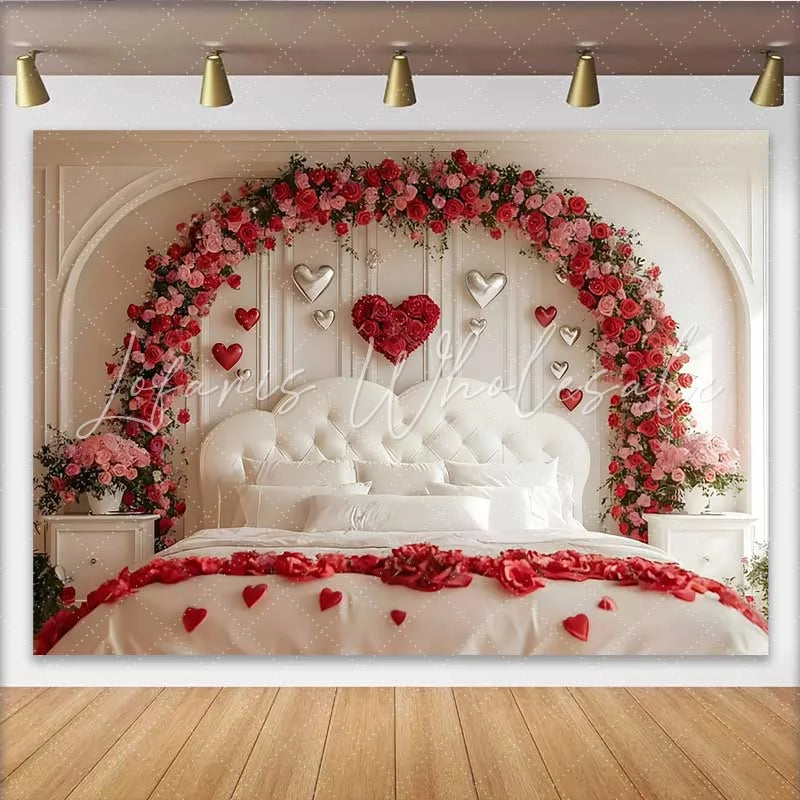 Lofaris Valentine’s Day Backdrop Silver Heart Balloons Floral Arch Bedroom Decoration