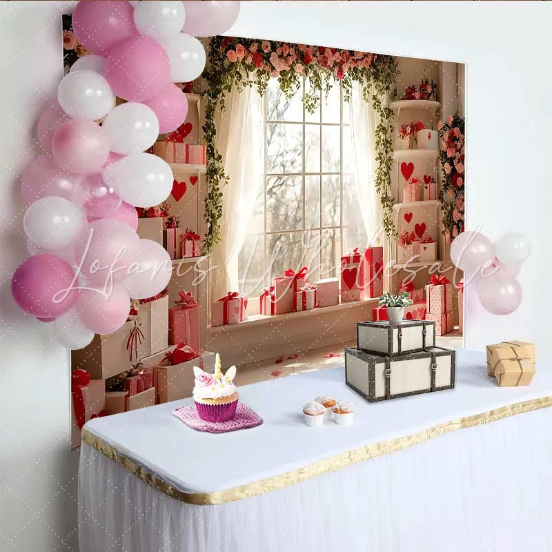 Lofaris Valentine’s Day Backdrop White and Red Heart Gift Boxes Floral Window Prop