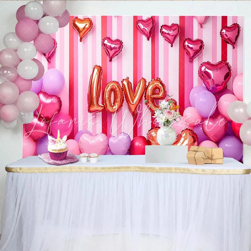 Lofaris Valentine’s Day LOVE Backdrop Pink Striped Balloon Cluster Romantic Photography Background
