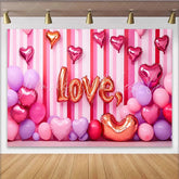 Lofaris Valentine’s Day LOVE Backdrop Pink Striped Balloon Cluster Romantic Photography Background
