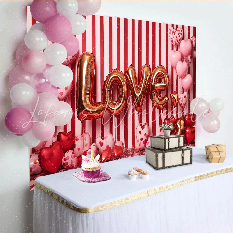 Lofaris Valentine’s Day LOVE Backdrop Red and White Striped Heart Balloons Photography Background