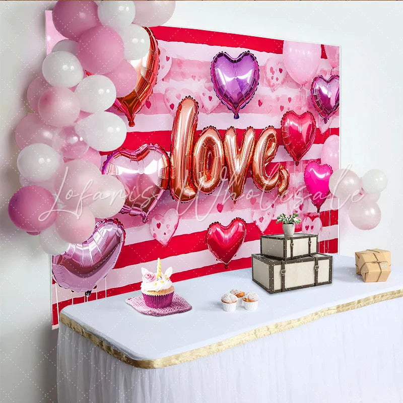 Lofaris Valentine’s Day LOVE Backdrop Red Horizontal Striped Heart Balloons Party Background