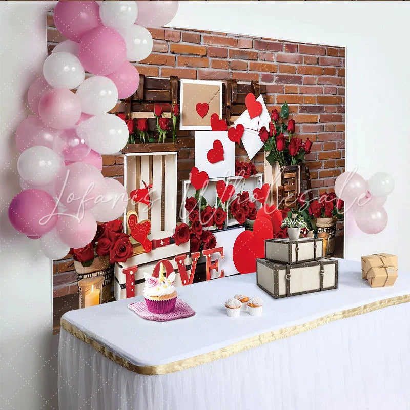 Lofaris Valentines Day Love Letter Photography Backdrop Red Brick Wall and Roses Photo Background