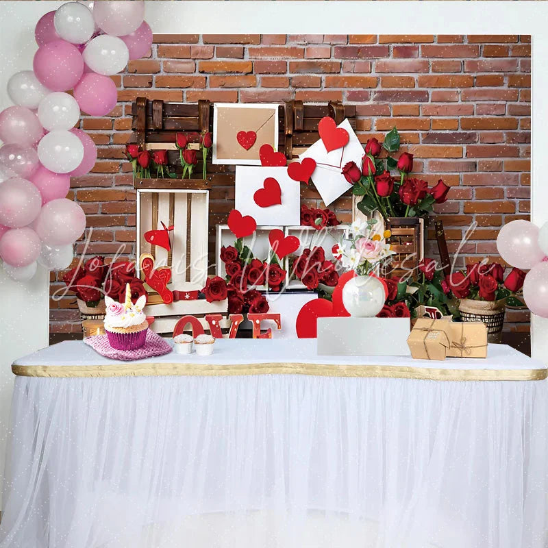 Lofaris Valentines Day Love Letter Photography Backdrop Red Brick Wall and Roses Photo Background