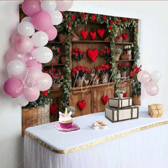 Lofaris Valentines Day Rose Garden Backdrop Wooden Shelf with Red Hearts and Flowers Banner