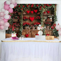 Lofaris Valentines Day Rose Garden Backdrop Wooden Shelf with Red Hearts and Flowers Banner
