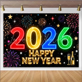 Lofaris Vibrant 2026 Happy New Year Party Backdrop Colorful Fireworks and Champagne Celebration Decor