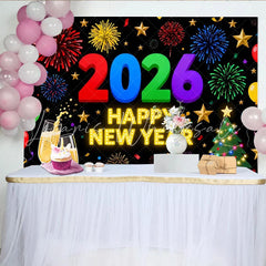 Lofaris Vibrant 2026 Happy New Year Party Backdrop with Champagne Golden Stars and Festive Balloons Decor
