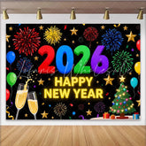 Lofaris Vibrant 2026 Happy New Year Party Backdrop with Champagne Golden Stars and Festive Balloons Decor