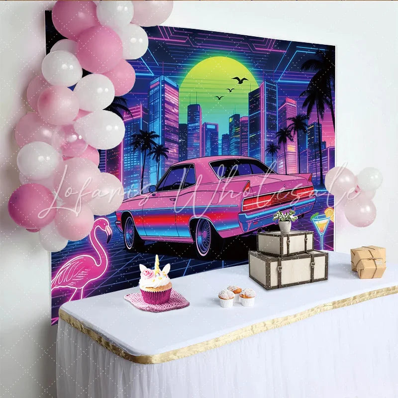 Lofaris Vibrant 80s Retro Neon City Photography Backdrop with Pink Car and Palm Trees Futuristic Synthwave Background for Party