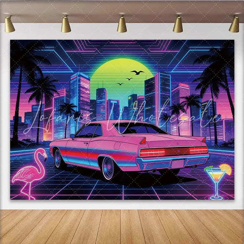 Lofaris Vibrant 80s Retro Neon City Photography Backdrop with Pink Car and Palm Trees Futuristic Synthwave Background for Party