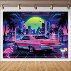 Lofaris Vibrant 80s Retro Neon City Photography Backdrop with Pink Car and Palm Trees Futuristic Synthwave Background for Party