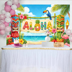 Lofaris Vibrant Aloha Tropical Photography Backdrop with Tiki Totems and Palm Trees Beach Scene Background for Luau Party Decoration