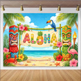 Lofaris Vibrant Aloha Tropical Photography Backdrop with Tiki Totems and Palm Trees Beach Scene Background for Luau Party Decoration