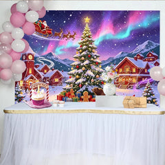Lofaris Vibrant Aurora Christmas Backdrop with Santa and Reindeer Sleigh Festive Winter Village Background for Holiday Party Decor