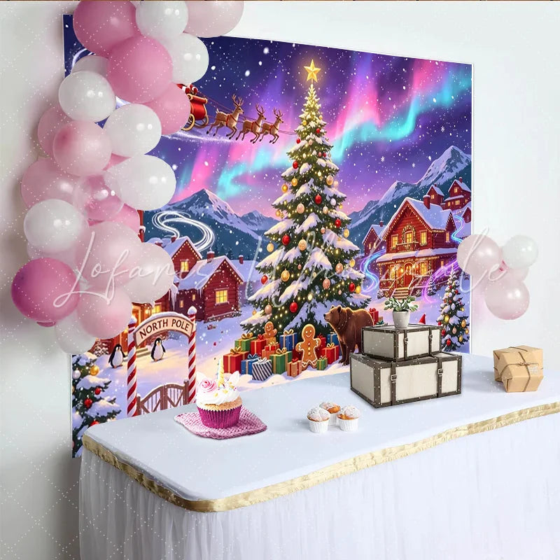 Lofaris Vibrant Aurora Christmas Backdrop with Santa and Reindeer Sleigh Festive Winter Village Background for Holiday Party Decor